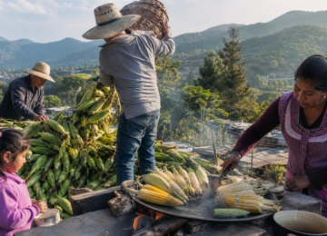 Productores descargan mazorcas mientras una cocinera asa elotes y una niña espera un esquite en San Miguel Topilejo.
