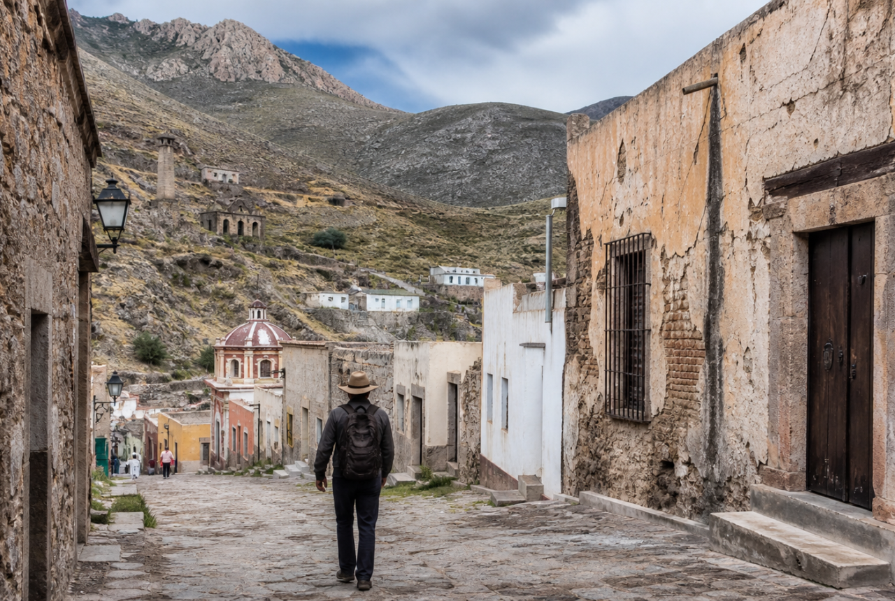Calle empedrada de Real de Catorce con antiguos edificios mineros y montañas del altiplano