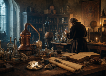 Laboratorio de alquimia renacentista con alambique, retortas de cobre y manuscritos antiguos