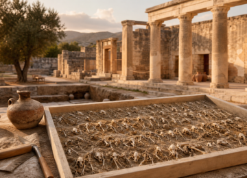 Depósito arqueológico con esqueletos de ratón en el santuario de Apolo Esminteo en Gortina, Creta
