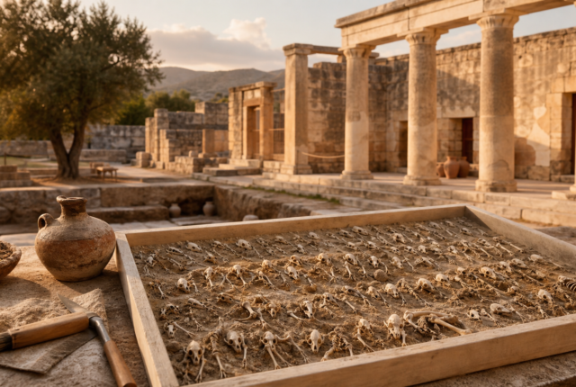 Depósito arqueológico con esqueletos de ratón en el santuario de Apolo Esminteo en Gortina, Creta