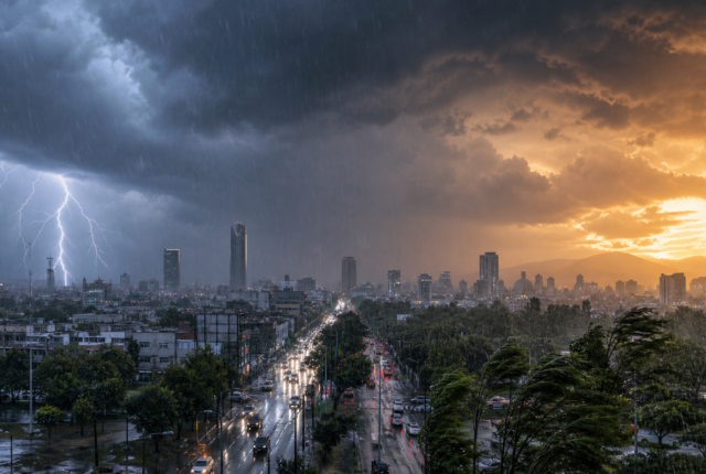 Tormenta intensa sobre la Ciudad de México con lluvia, viento y cielo de alto contraste térmico