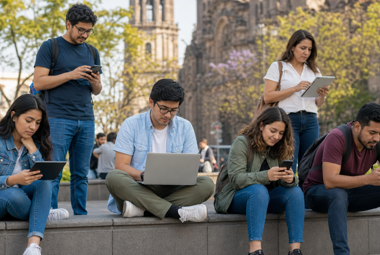 Personas de distintas edades utilizando internet en dispositivos digitales
