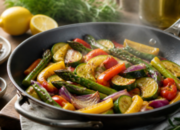 Verduras coloridas cocinadas suavemente en un sartén con hierbas y limón