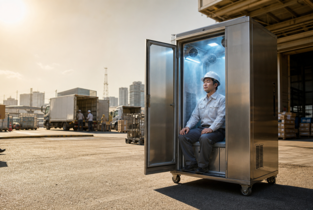 Cabina de enfriamiento personal en un almacén japonés durante una ola de calor