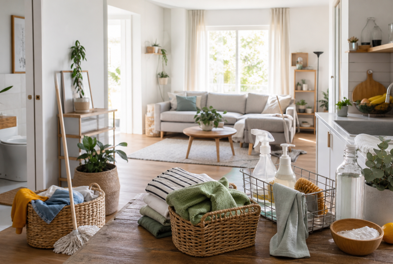 Interior ordenado de una casa durante una rutina de limpieza