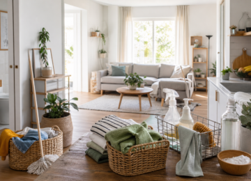 Interior ordenado de una casa durante una rutina de limpieza