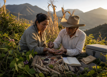 Investigadora y agricultor mexicanos comparan frijoles silvestres y cultivados en una milpa de montaña.
