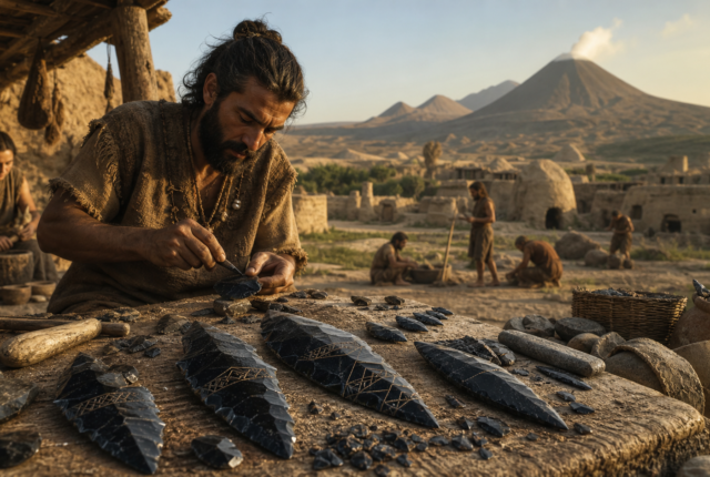 Puntas de flecha neolíticas de obsidiana con grabados geométricos en un taller de Anatolia