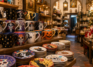 Tazas decorativas y temáticas exhibidas en una tienda del Centro Histórico de la Ciudad de México