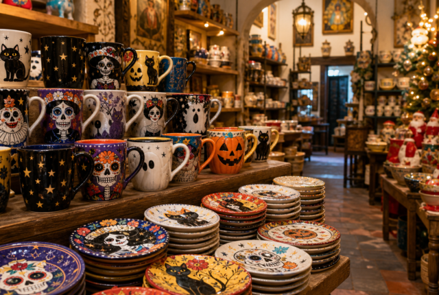 Tazas decorativas y temáticas exhibidas en una tienda del Centro Histórico de la Ciudad de México