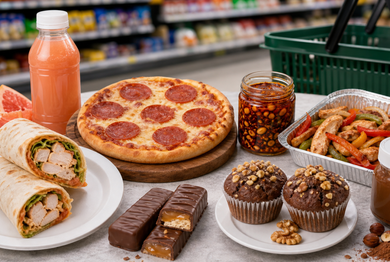 Selección de productos de una tienda de descuento sobre una mesa