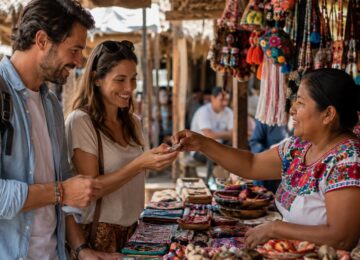 Visitantes compran productos locales a una persona artesana en un destino mexicano