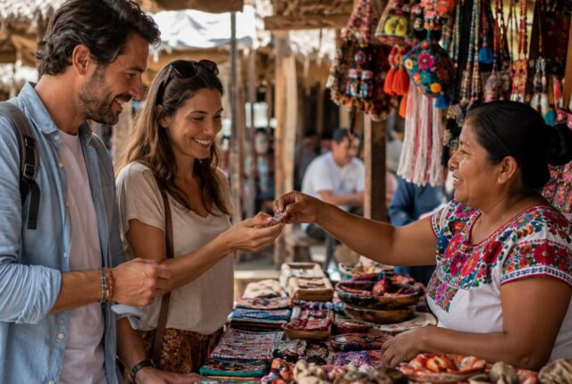 Visitantes compran productos locales a una persona artesana en un destino mexicano