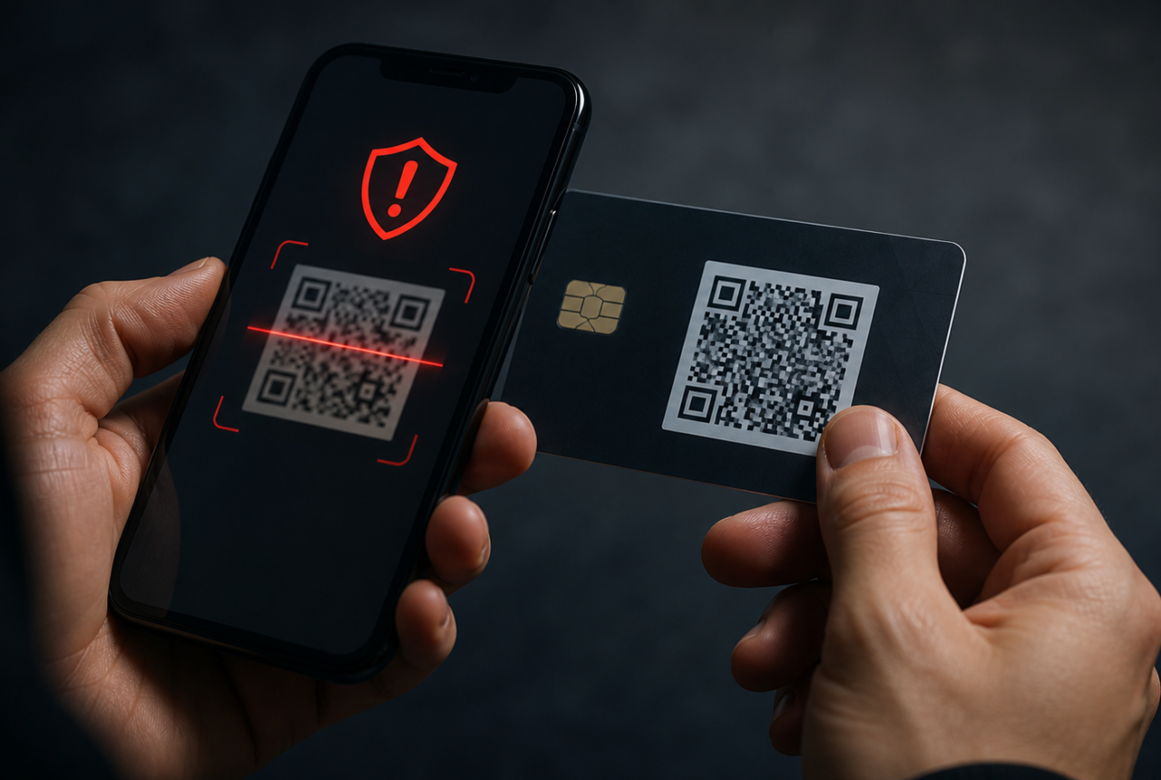 Teléfono móvil mostrando un código QR sospechoso junto a una tarjeta bancaria y una pantalla de alerta.