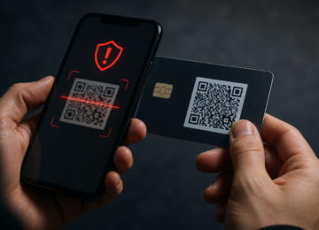 Teléfono móvil mostrando un código QR sospechoso junto a una tarjeta bancaria y una pantalla de alerta.