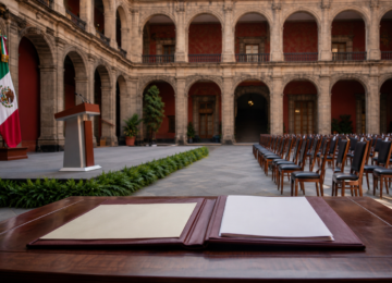 Patio de Honor de Palacio Nacional con podio y bandera de México durante un informe presidencial