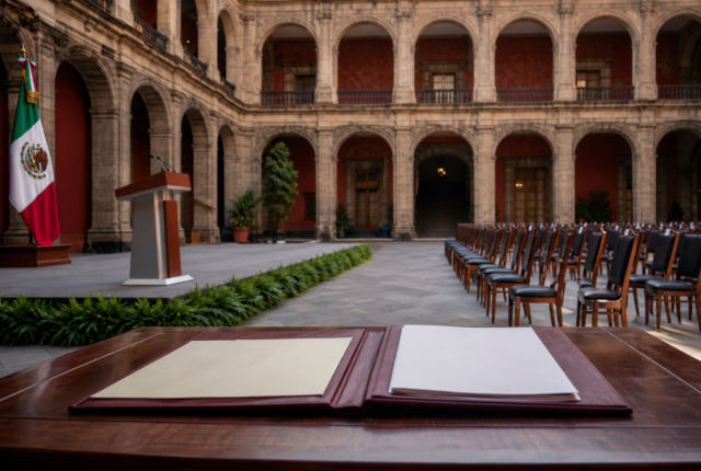 Patio de Honor de Palacio Nacional con podio y bandera de México durante un informe presidencial